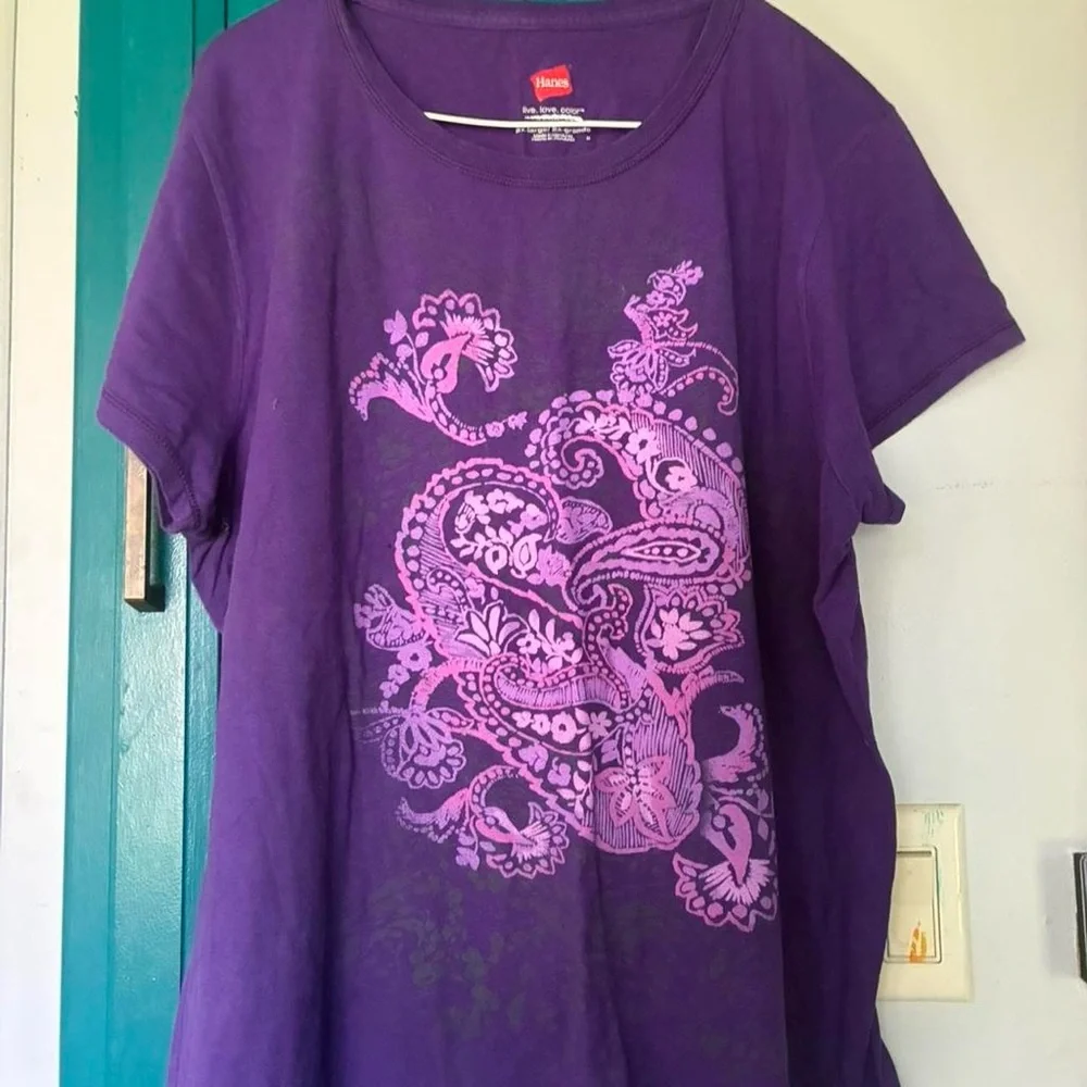Hanes Women’s Purple Short-Sleeve Tee with Pink Paisley Graphic